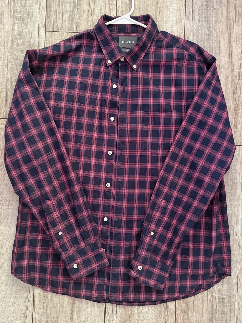 Bonobos Navy and Pink Plaid Long-Sleeve Button-Down Shirt